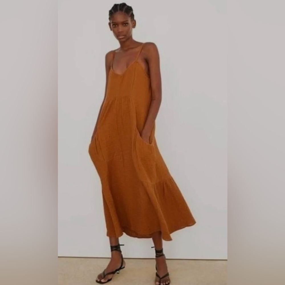 Zara Burnt Orange Pocket Midi Dress